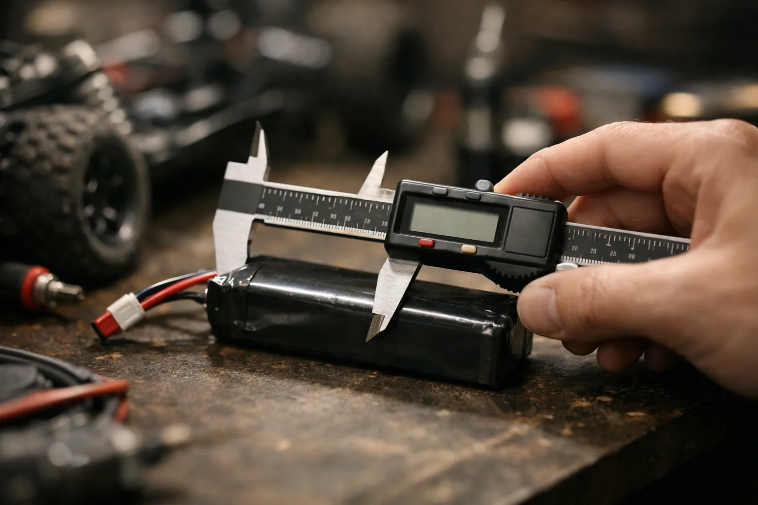 Calipers measuring an RC battery pack