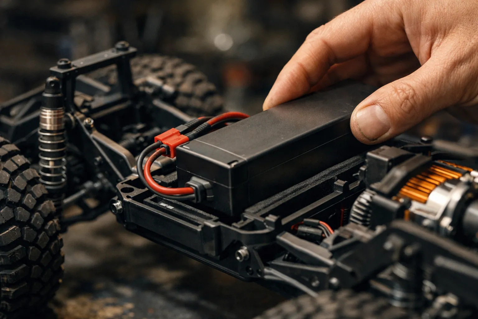 Sliding a battery into an RC truck's battery tray