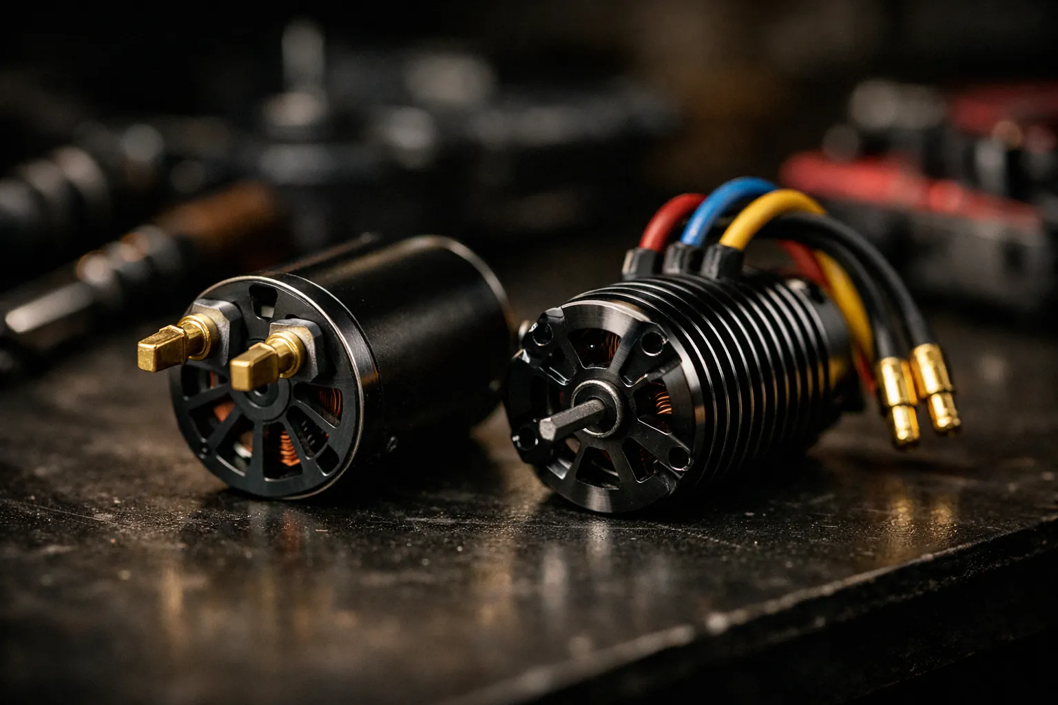 Two RC car electric motors side by side on a workbench, one with exposed wires and one sealed can