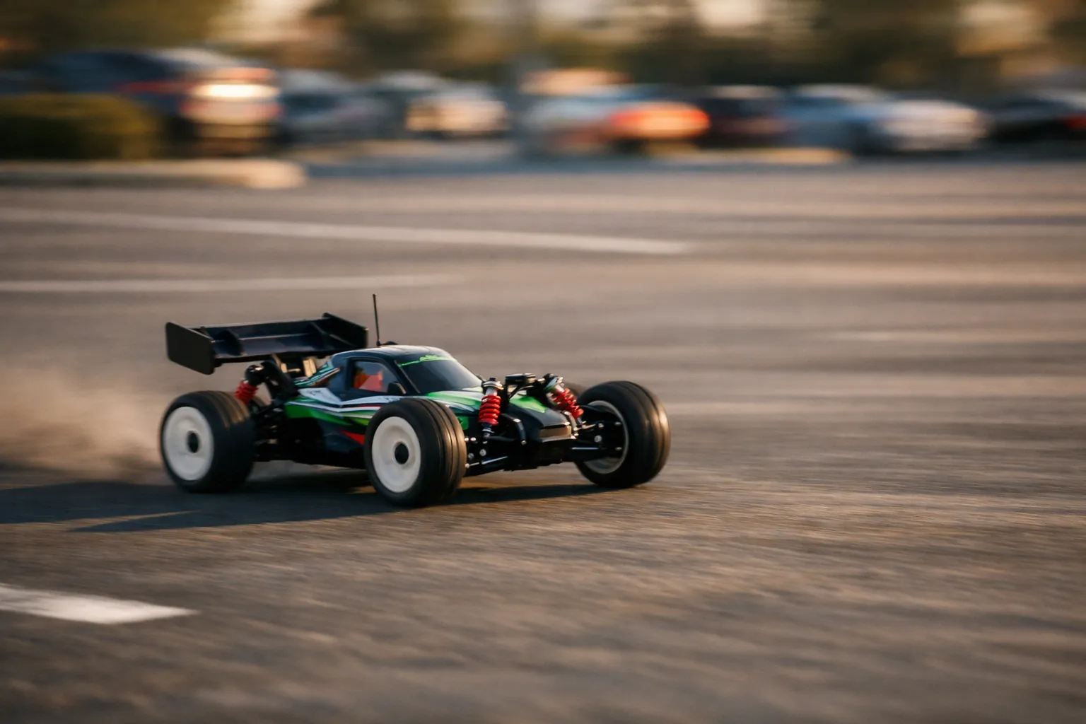An RC buggy blurred with speed on asphalt