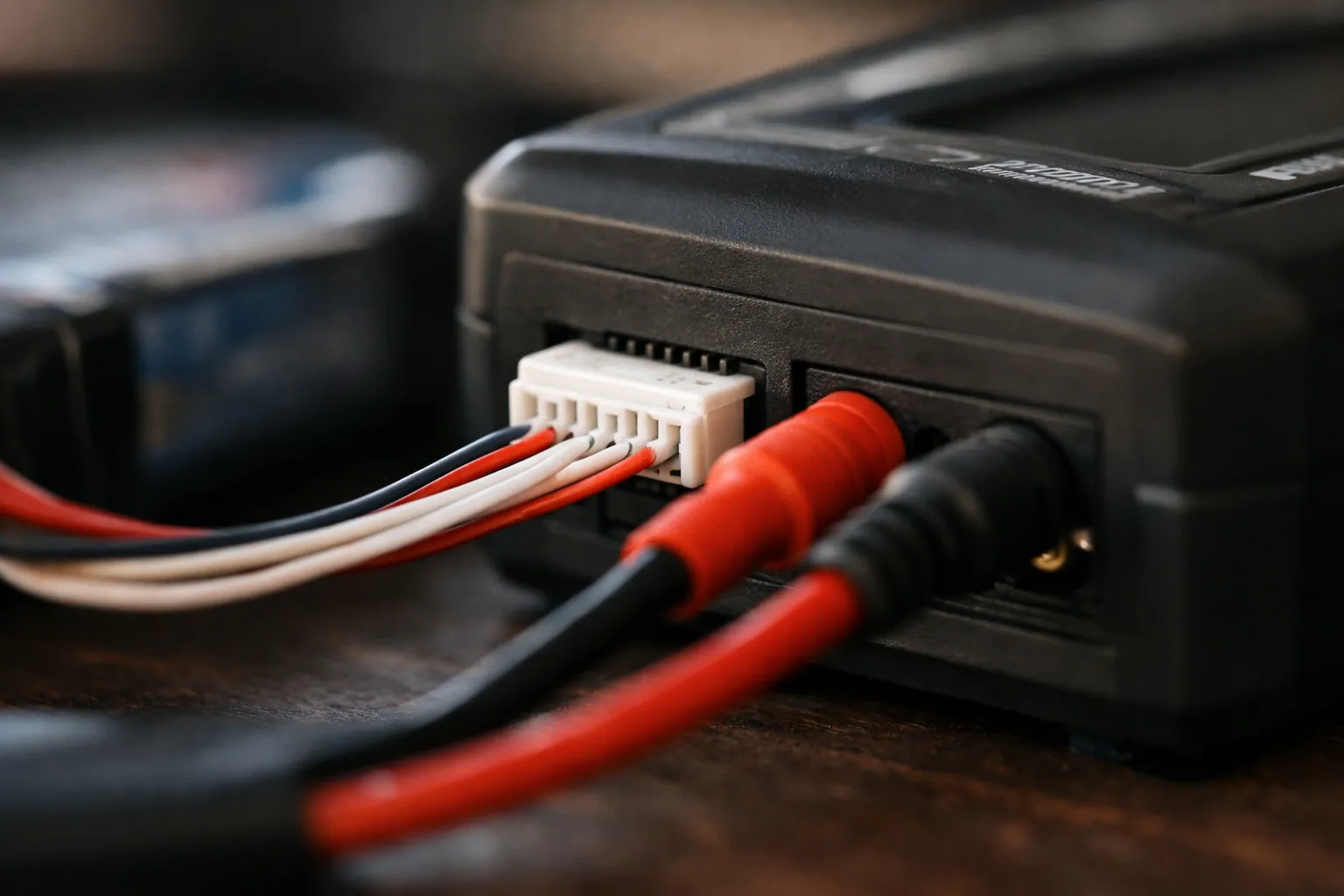 A balance lead plugged into a charger port
