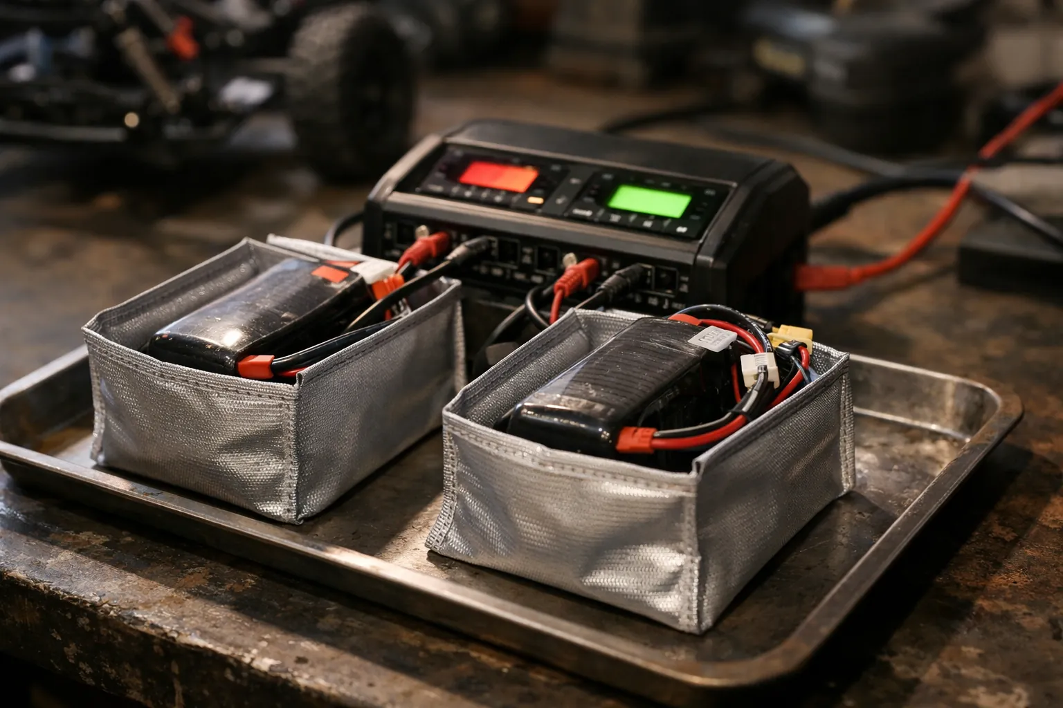 A dual-channel charger charging two packs in fire-resistant bags