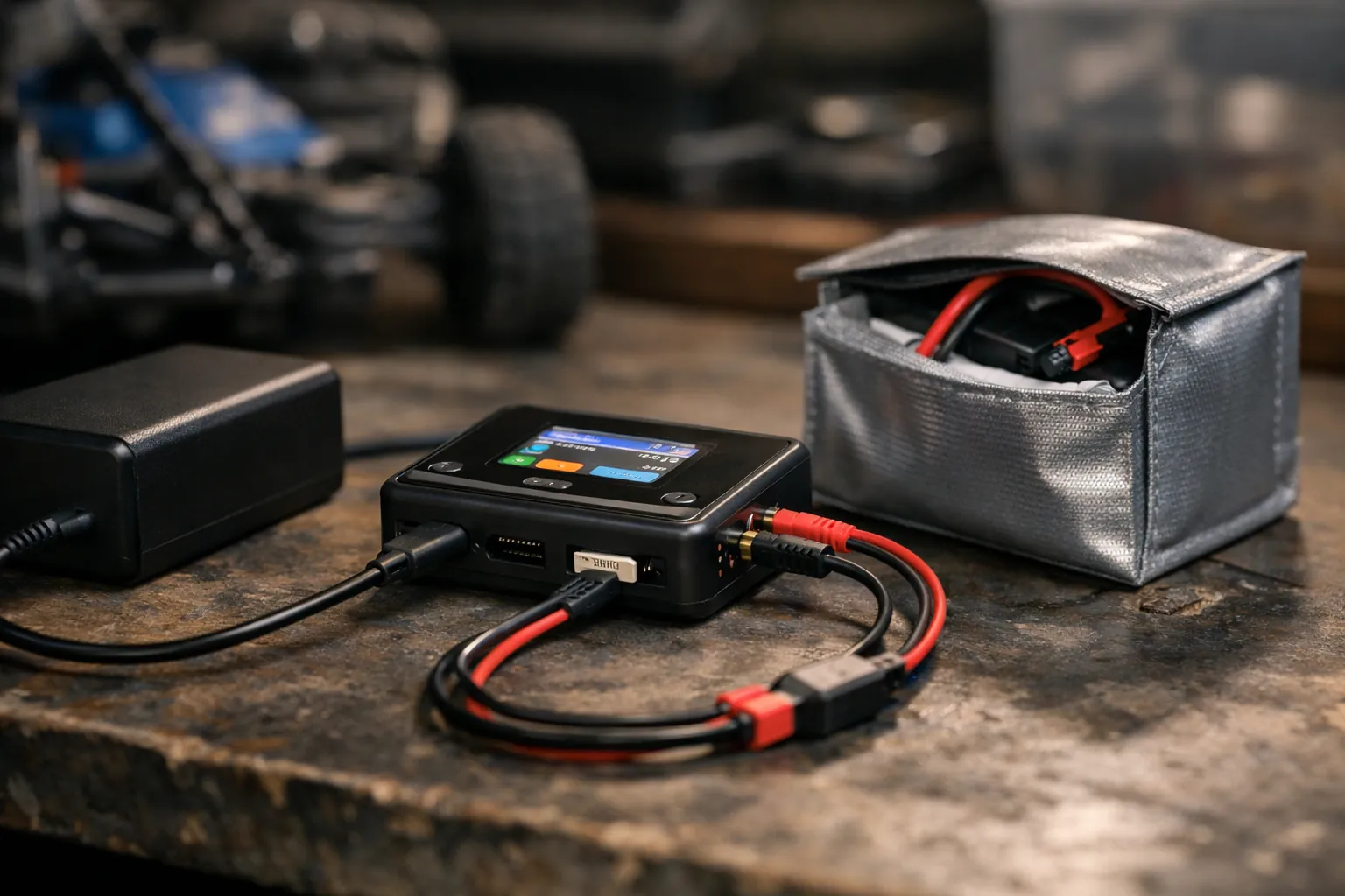 A small DC hobby charger powered by a USB-C power brick