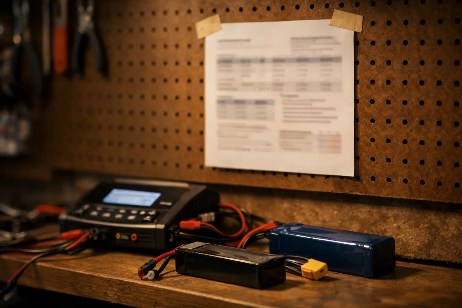 A reference sheet taped above an RC charging bench