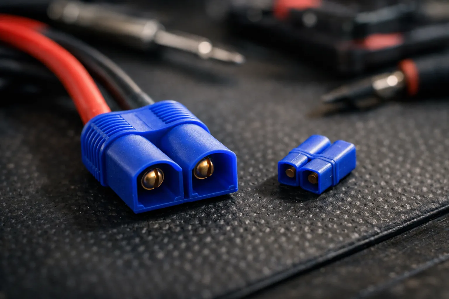 A large blue two-bullet RC connector on thick wire beside a smaller one