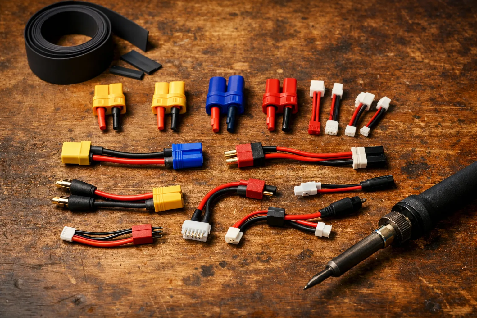A spread of RC battery power plugs and adapter leads on a workbench