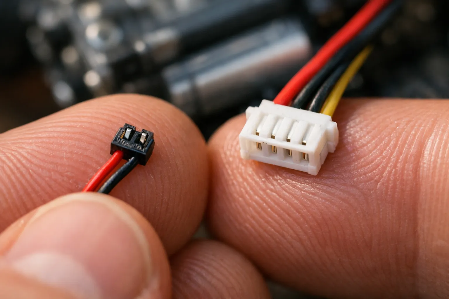 A tiny micro crawler battery plug next to a balance plug