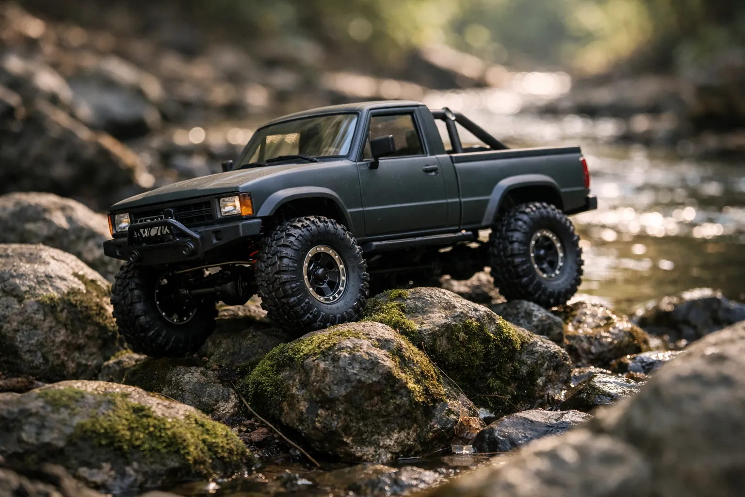 A small scale RC rock crawler climbing over mossy rocks along a creek