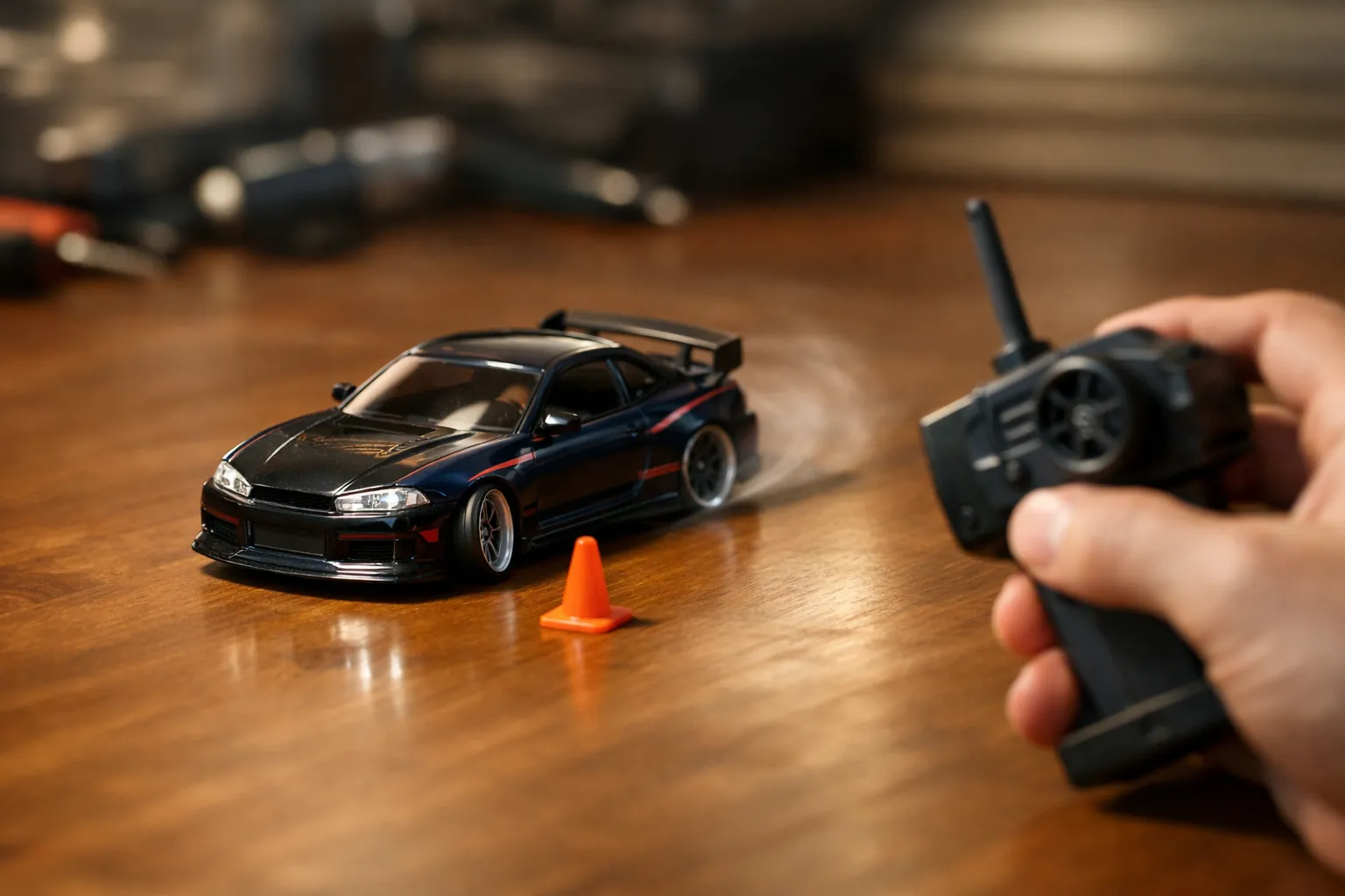 A mini RC drift car sliding around a cone on a desk