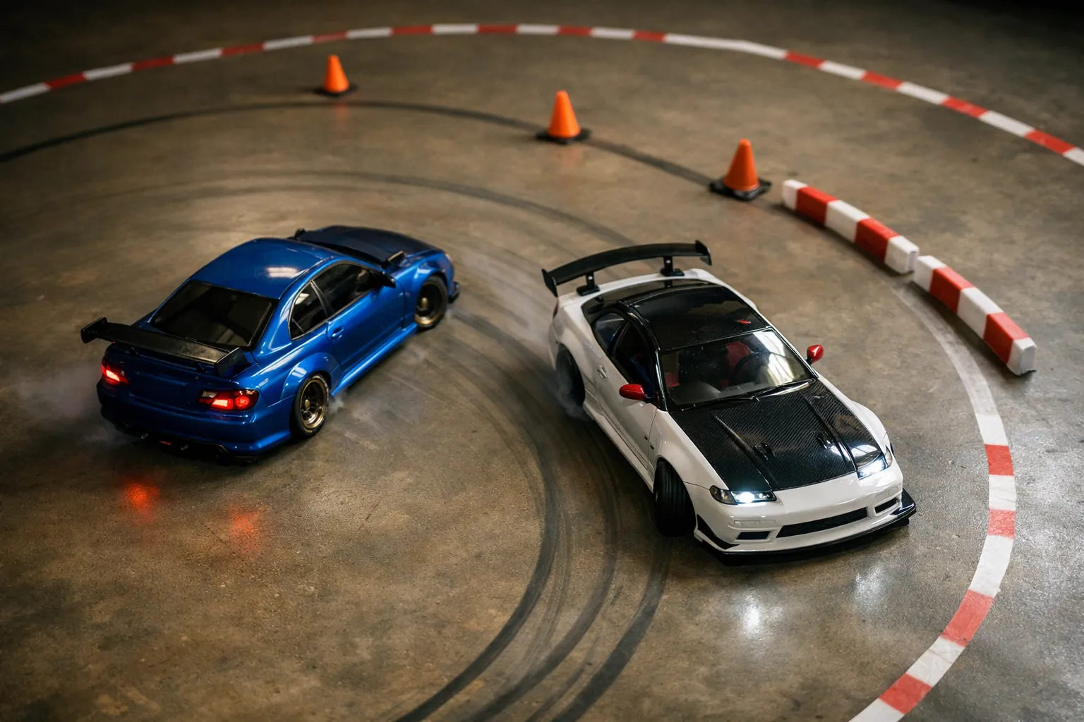 Two small RC drift cars sliding in tandem on a garage floor track