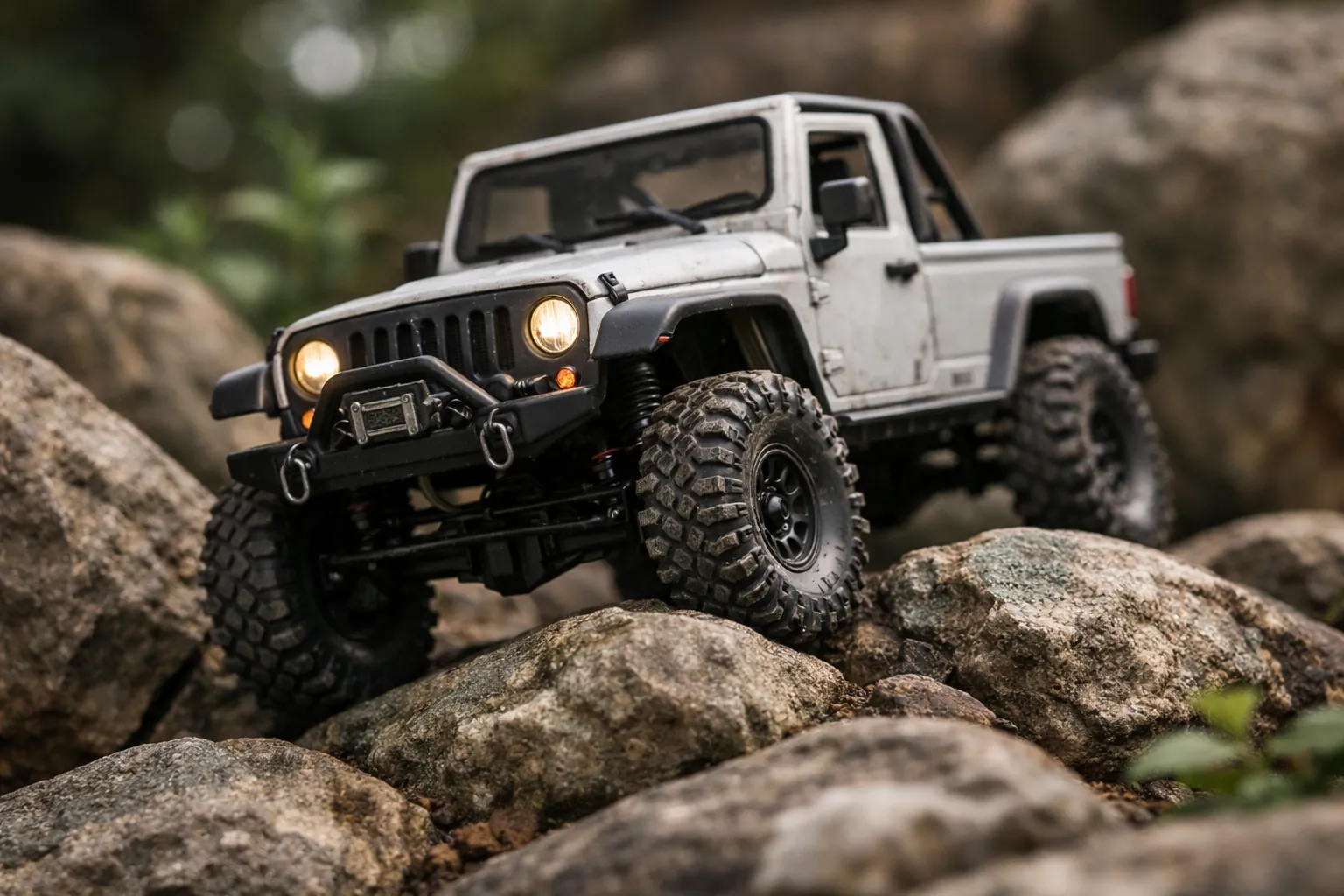 A tiny RC crawler climbing over garden stones