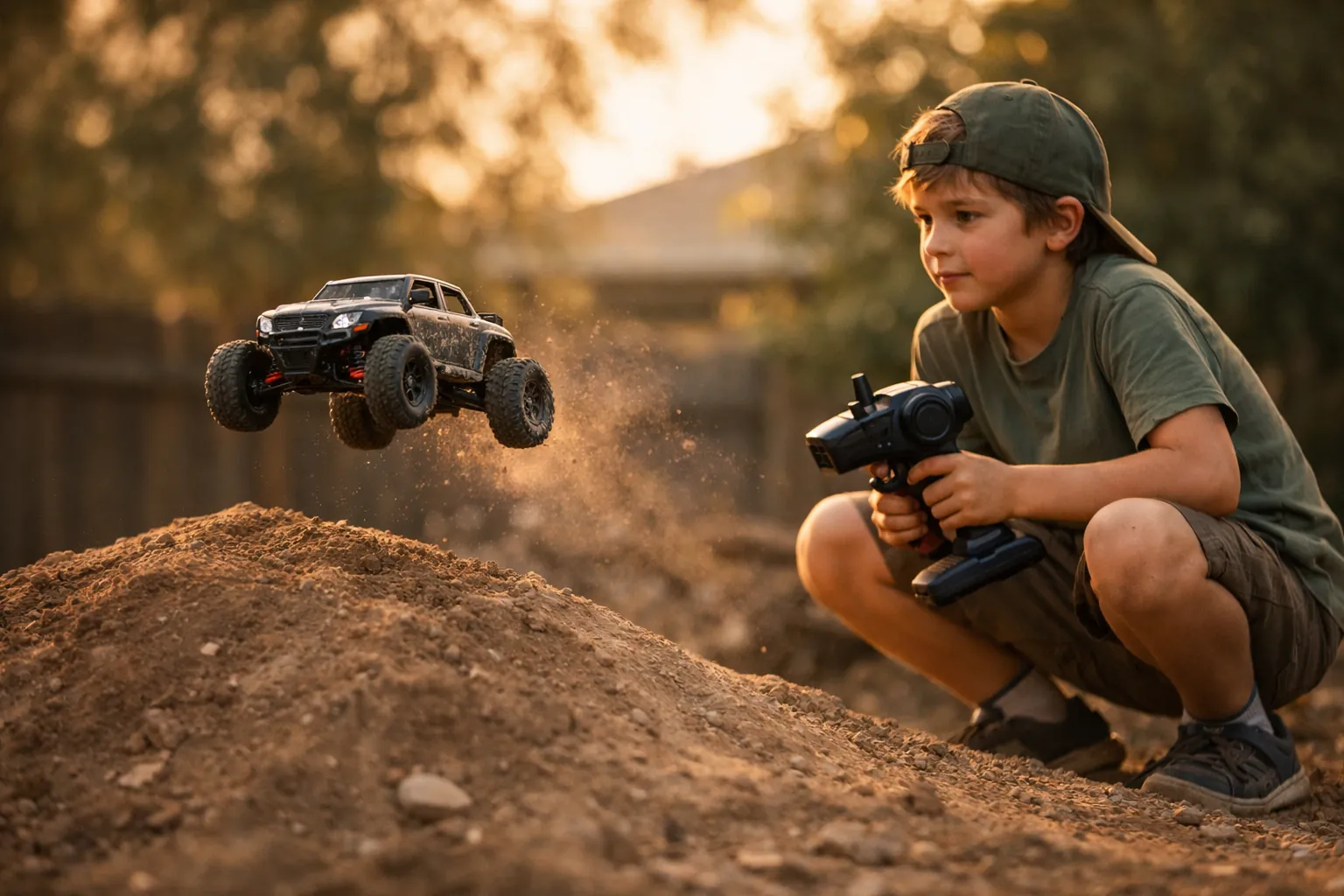 A ten-year-old driving a small off-road RC truck over a dirt mound in a backyard