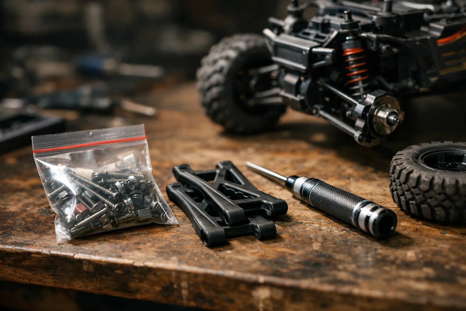 Replacement RC suspension parts and a hex driver beside a small RC truck