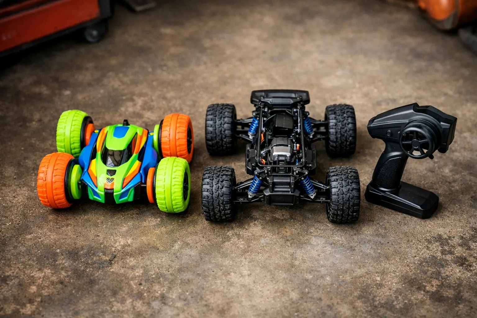 A toy stunt car next to a small hobby-grade RC truck