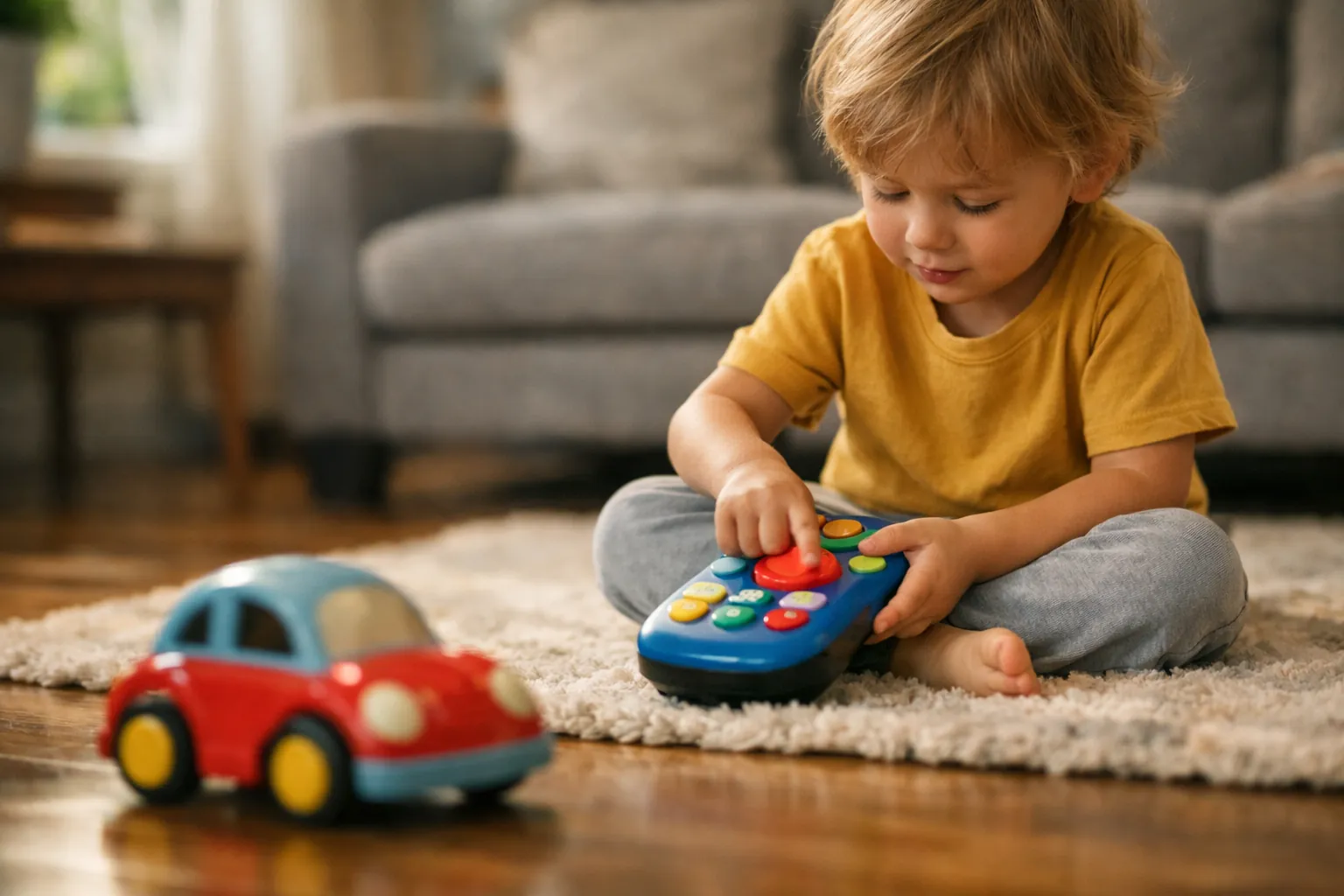 A preschooler pressing a big button on a toddler remote control