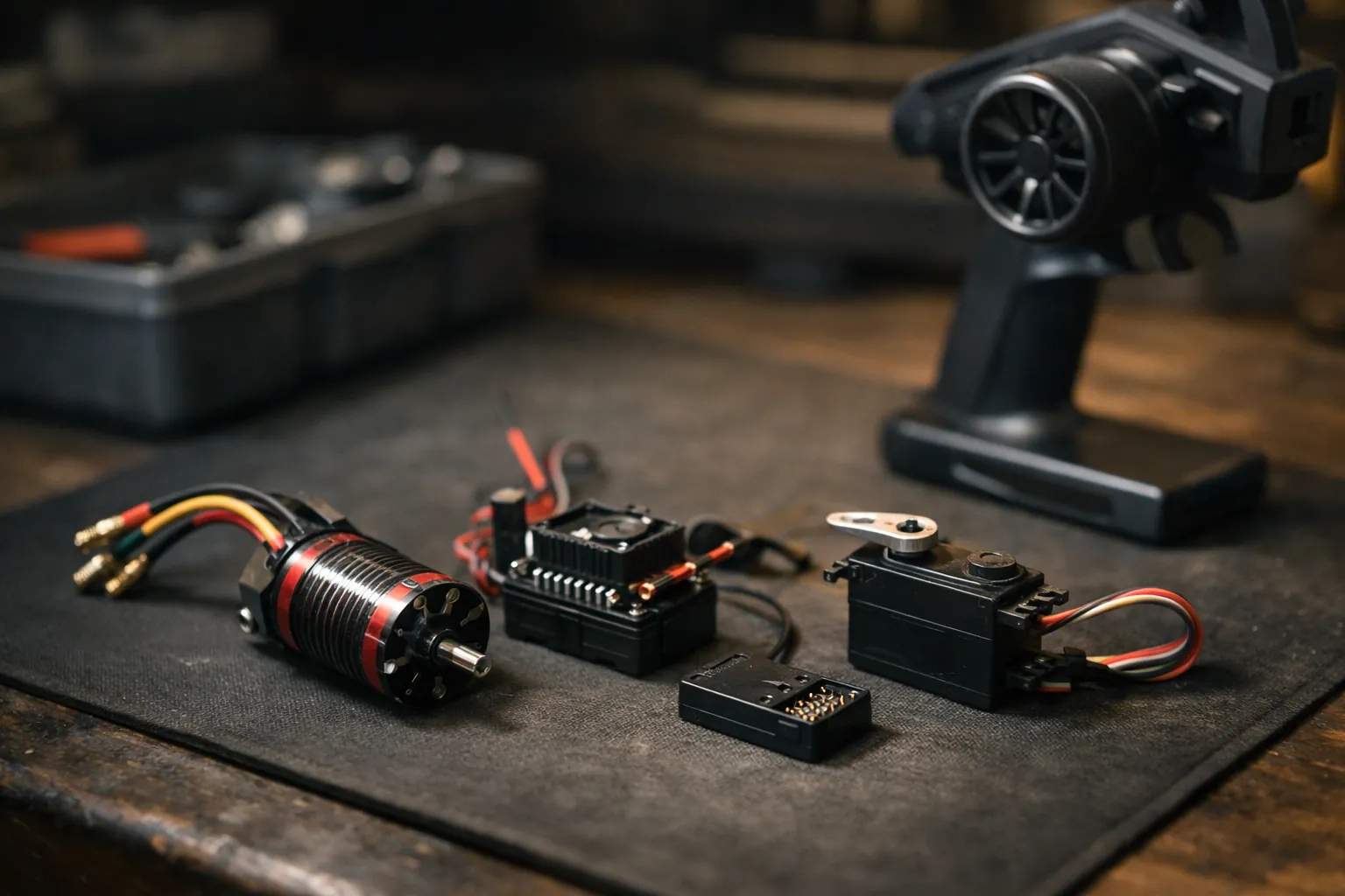 RC electronics laid out: ESC, motor, servo, receiver and transmitter