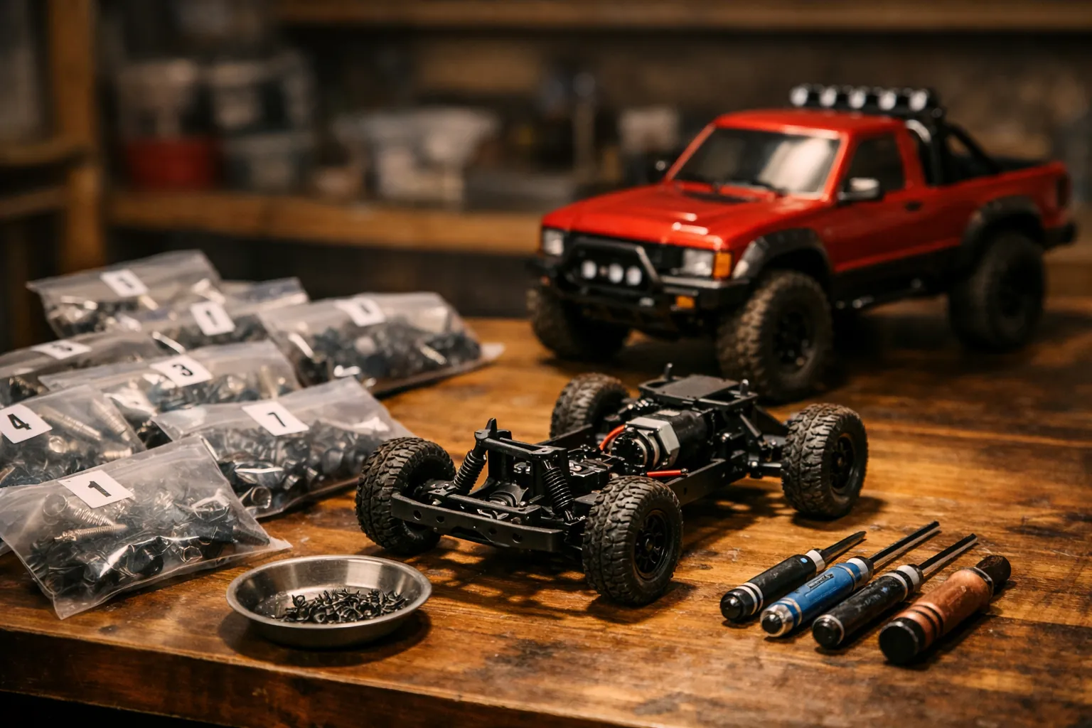 An RC car kit's parts laid out in bags on a workbench beside a finished RC truck