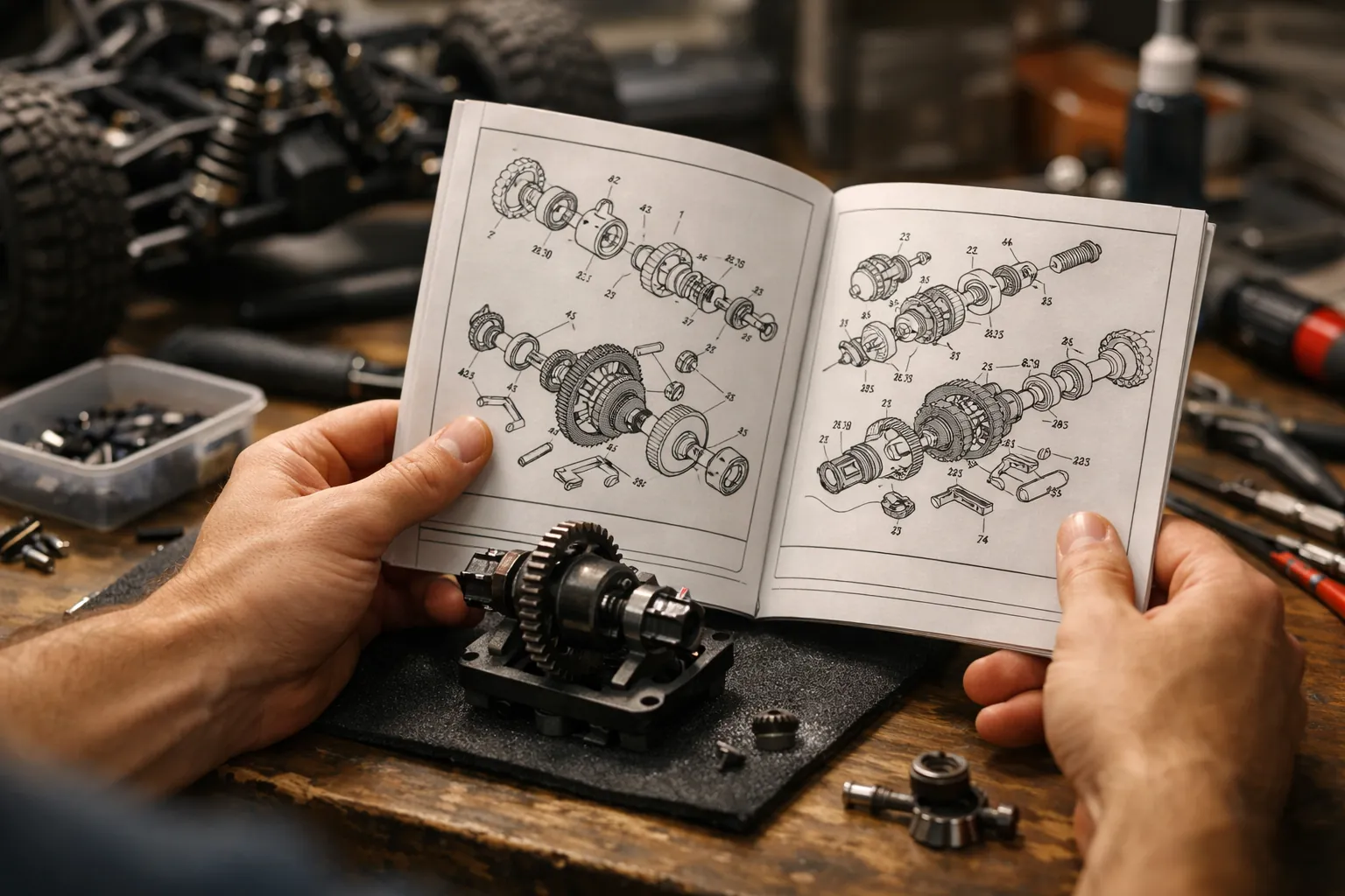 An RC kit manual open beside a half-built differential