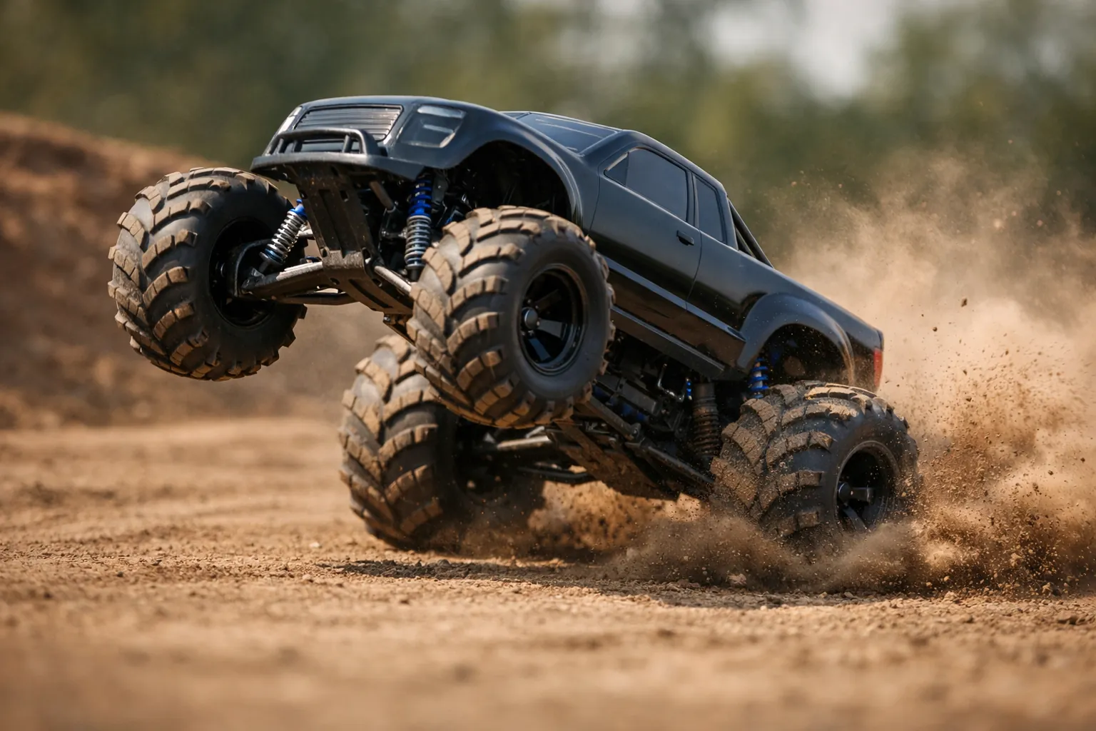A huge RC monster truck doing a wheelie on dirt
