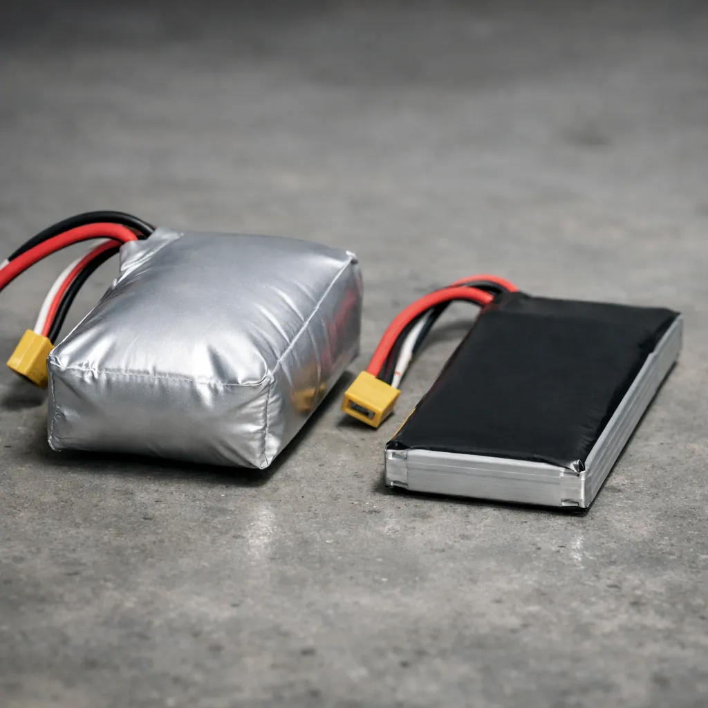 A swollen LiPo battery next to a normal flat pack