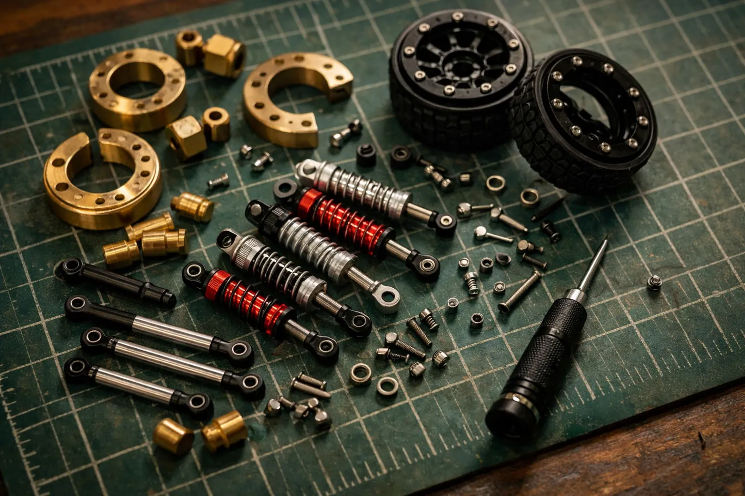 Small RC crawler upgrade parts on a cutting mat