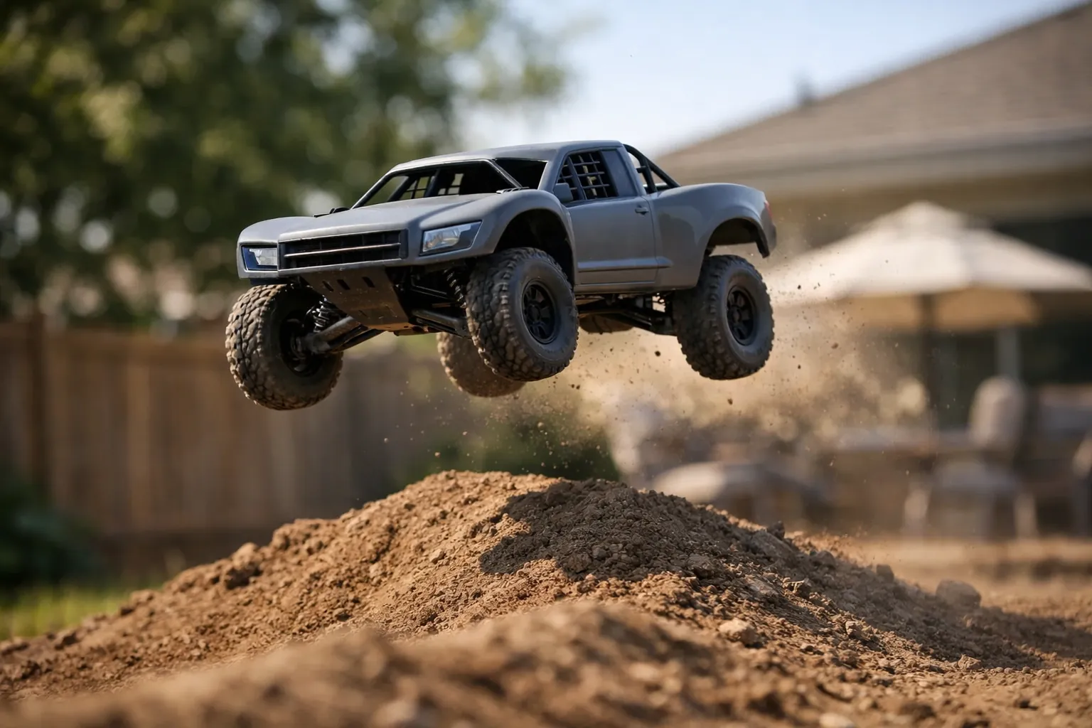 A small RC desert truck jumping a dirt mound in a backyard