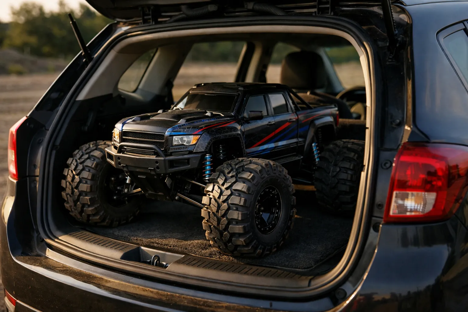 A huge RC monster truck in a car trunk
