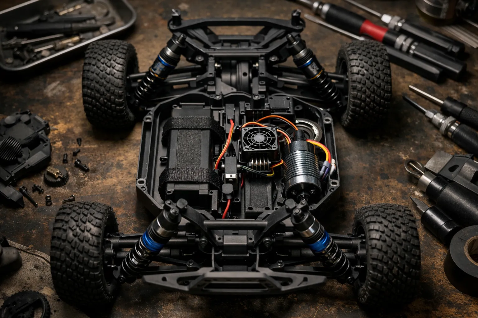 A short course RC truck chassis with the body removed