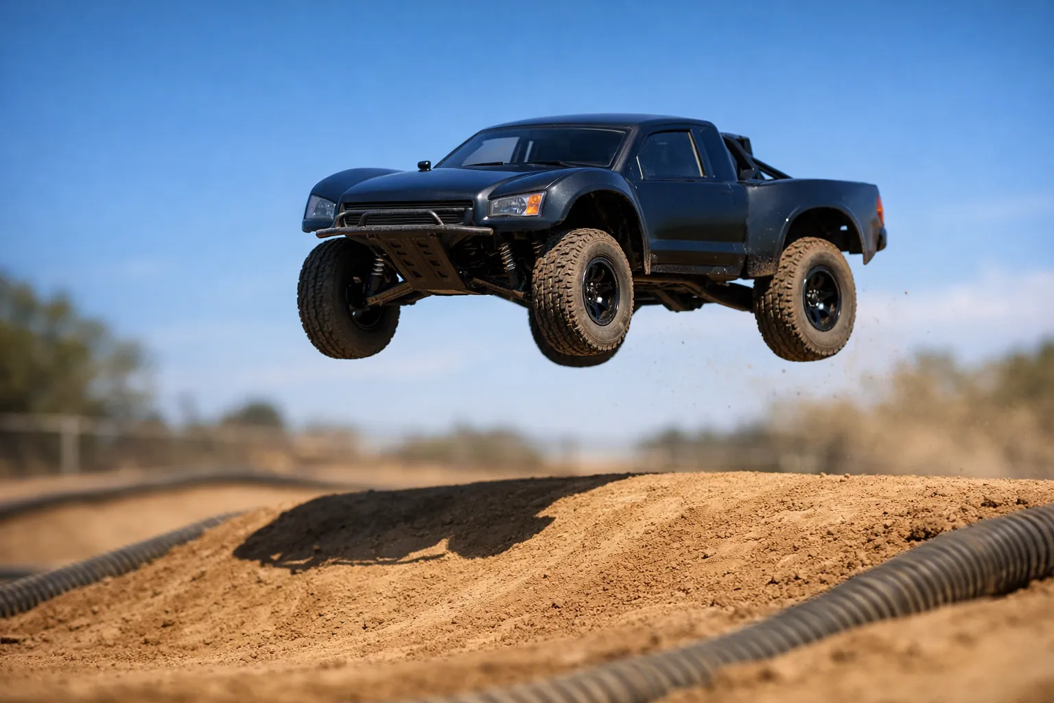 A short course RC truck in mid-air over a dirt track jump