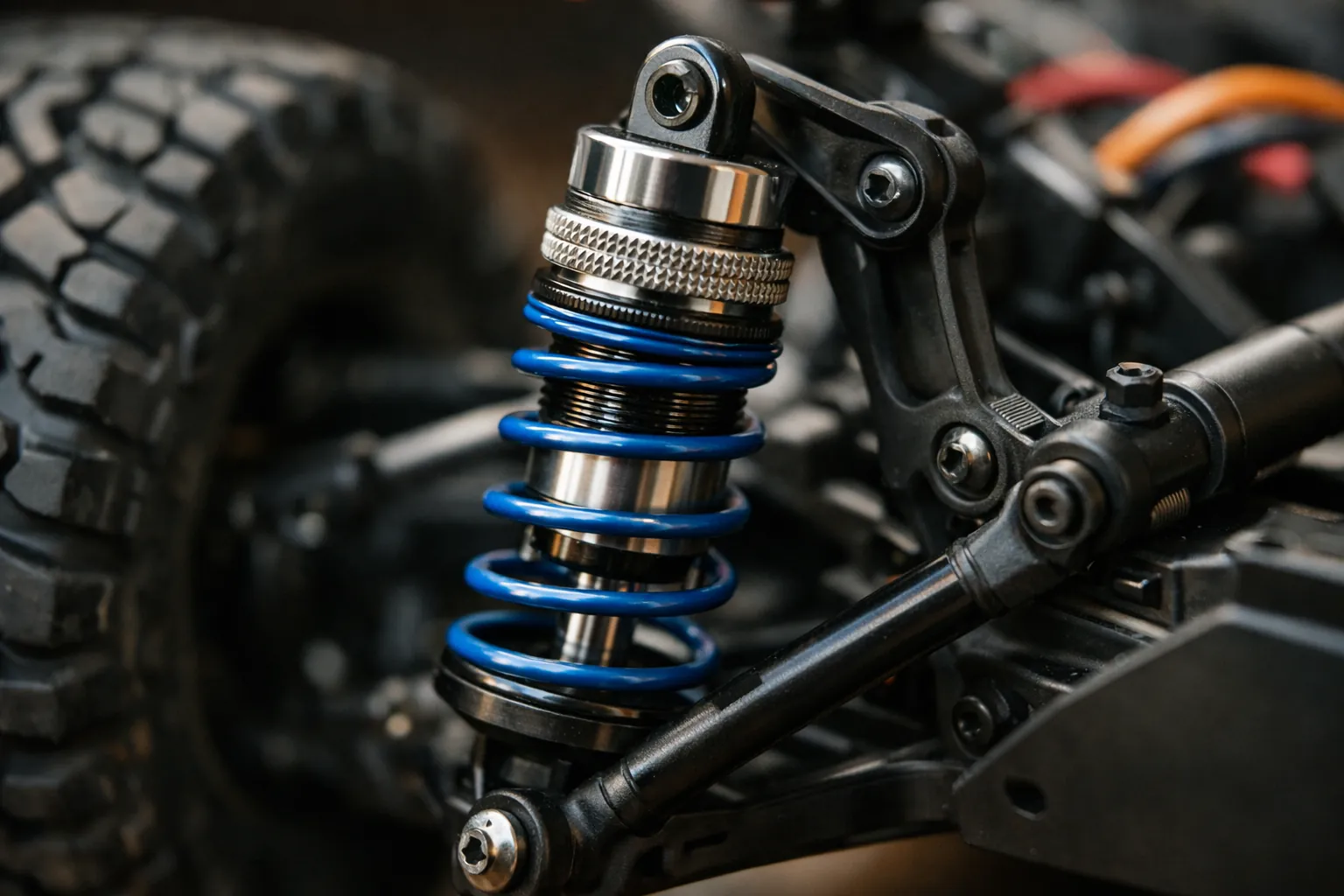 A threaded RC coil-over shock on a suspension arm