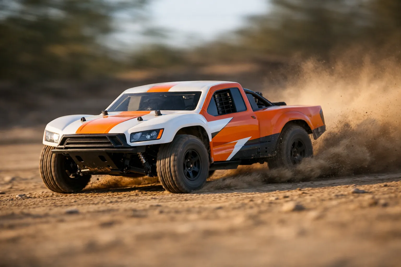 A 1/10 scale short course RC truck kicking up dust at speed on a dirt track