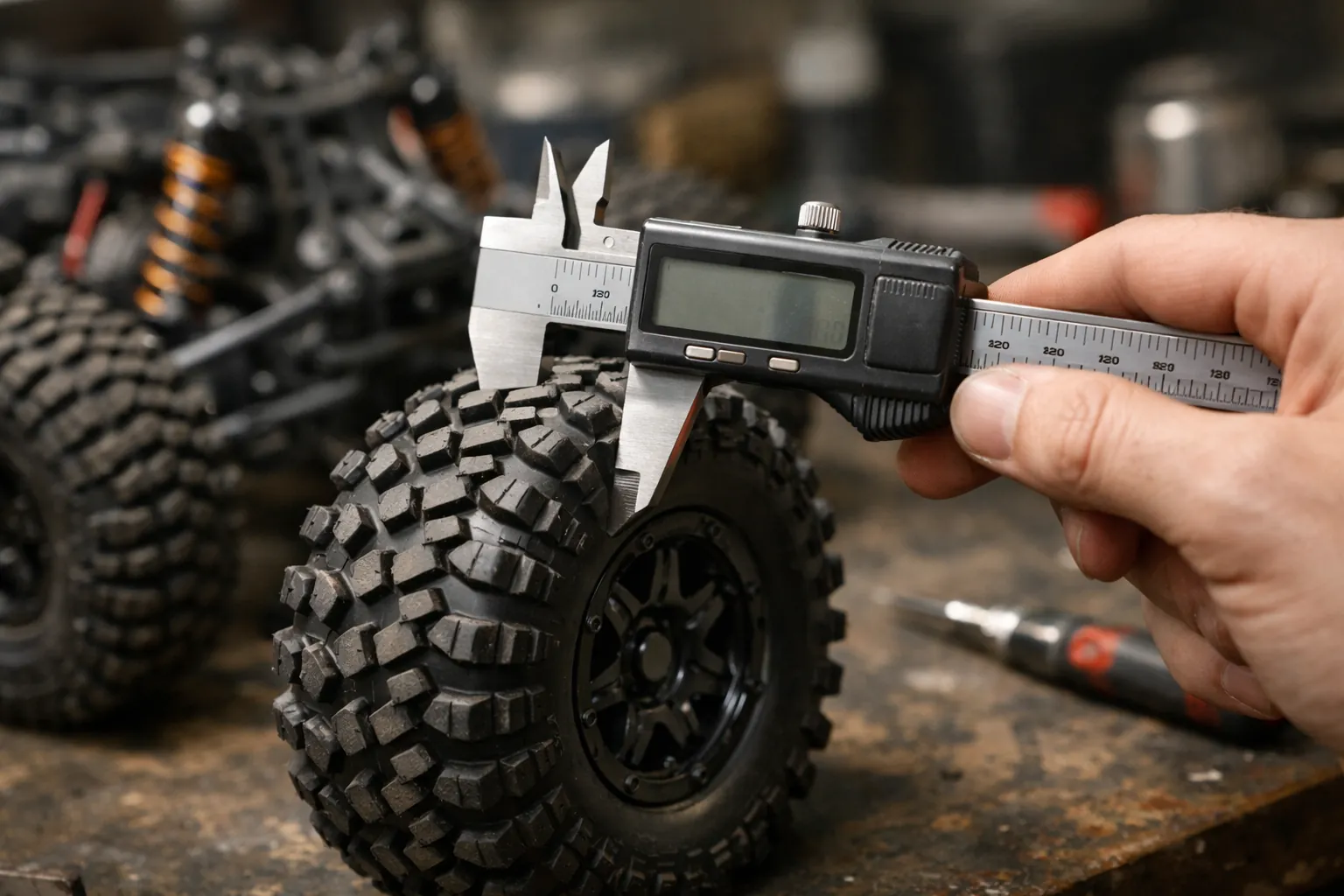 A digital caliper measuring the outside diameter of an RC tire