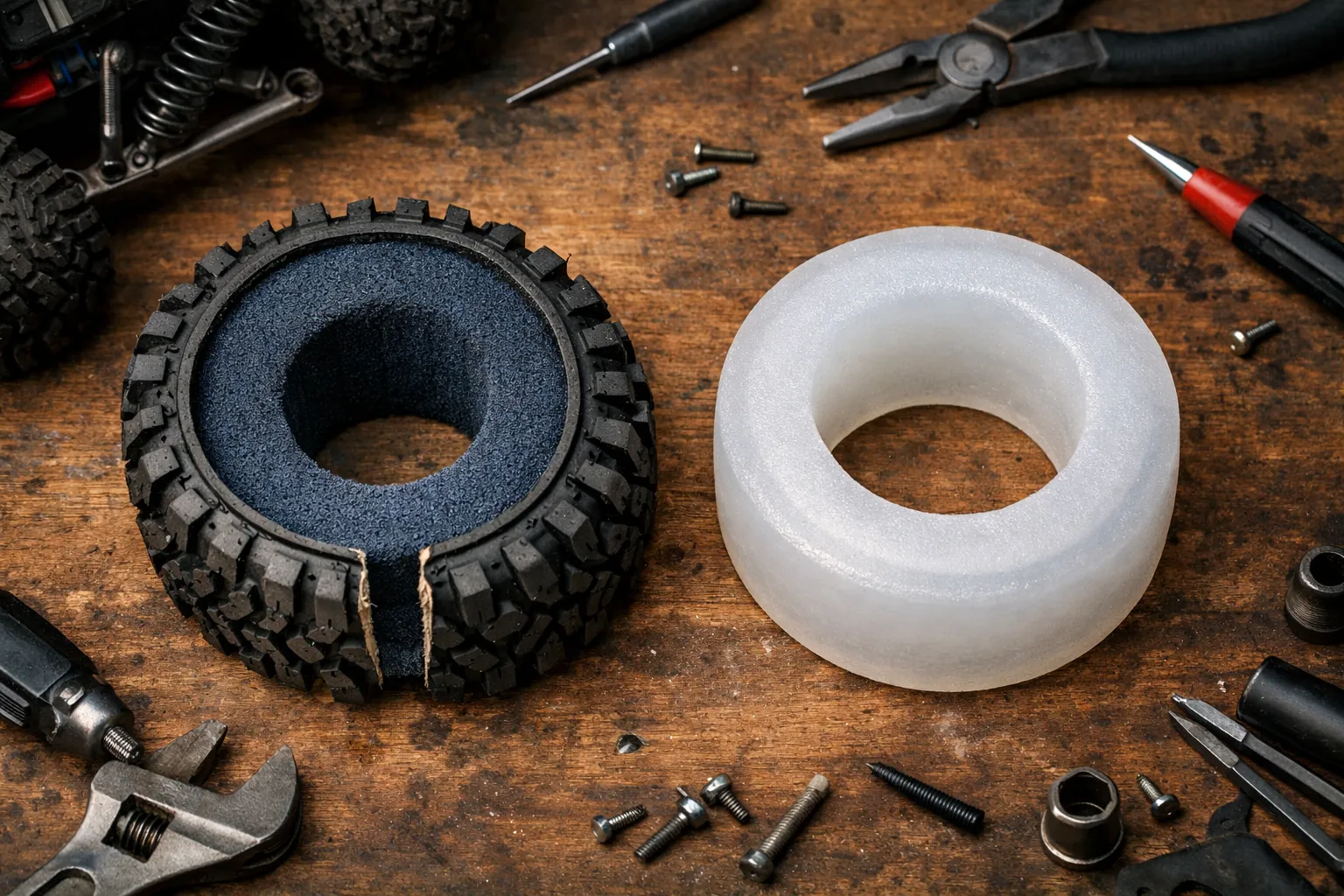 A crawler tire cut open with a foam insert, next to a silicone insert