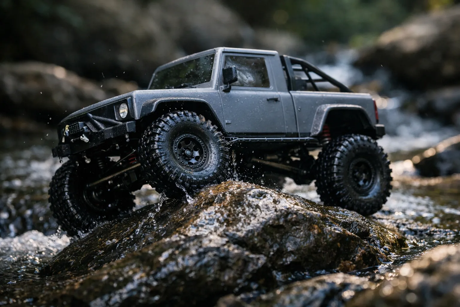 An RC crawler gripping a wet creek rock