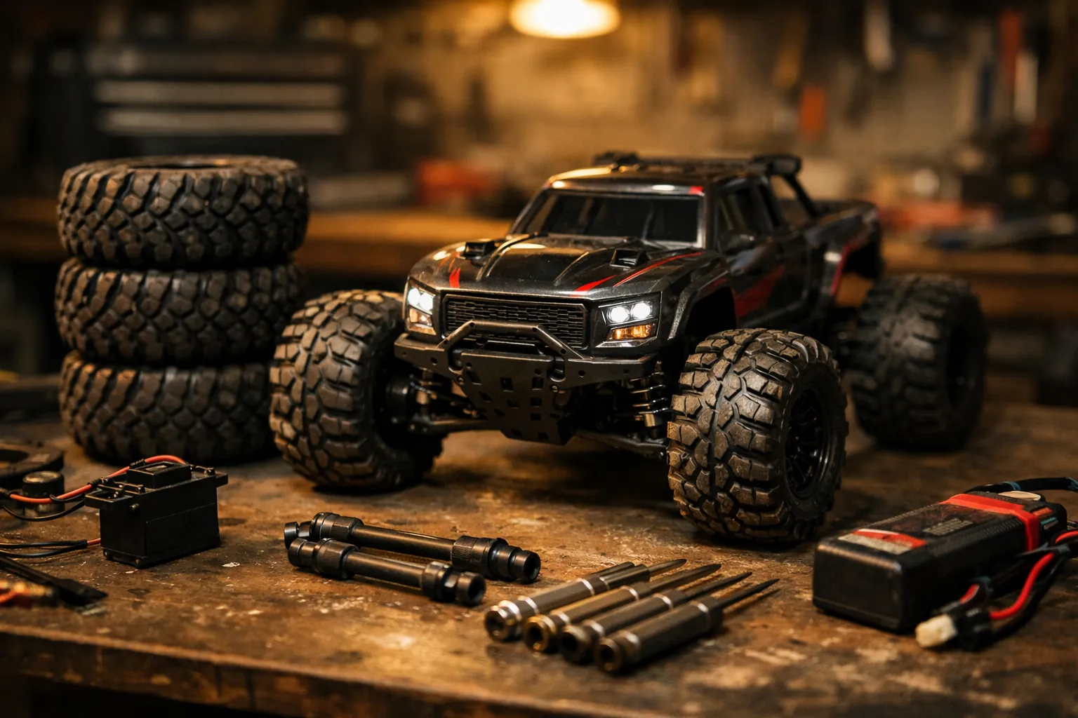 An RC monster truck on a workbench surrounded by upgrade parts, tires and tools