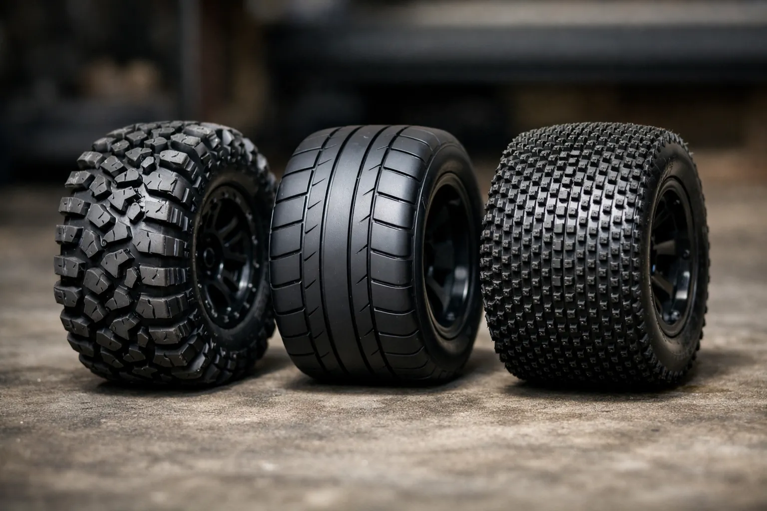 Three different RC truck tires side by side