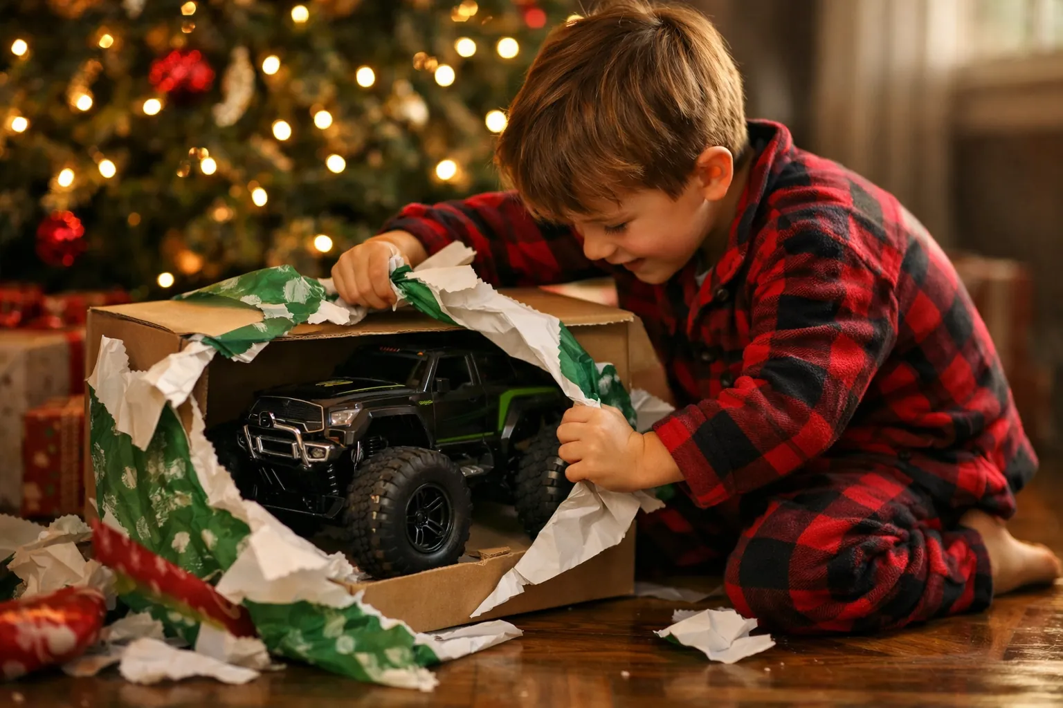 A child unwrapping a remote control truck beside a Christmas tree