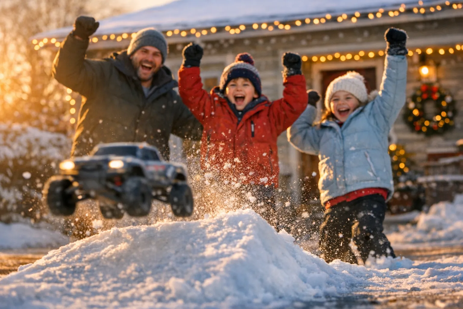 A dad and two kids in winter coats cheering on a snowy driveway as a small RC truck jumps off a snow ramp, house lit with Christmas lights behind them