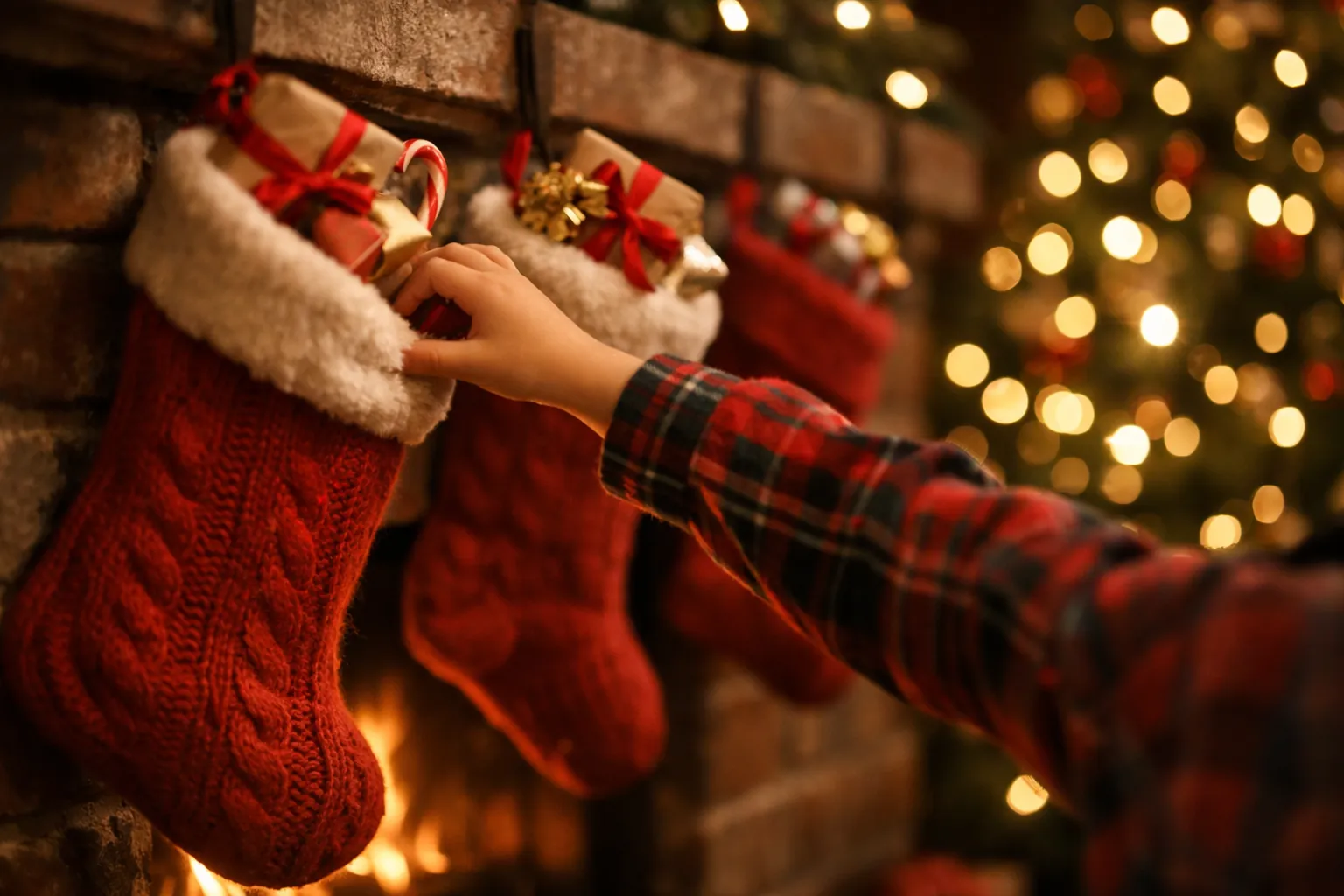 A child's hand reaching into a red knit Christmas stocking on a brick fireplace mantel, tree lights glowing behind