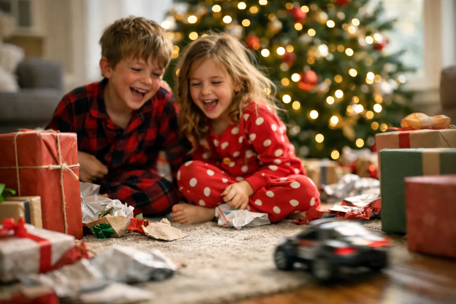 Two young siblings in Christmas pajamas laughing on the living room floor among wrapping paper as a small RC car speeds past