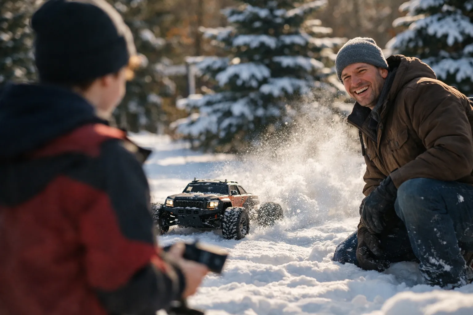 A dad kneeling in a snowy backyard laughing as an RC truck throws up a spray of snow, with a teenager holding the controller in the foreground