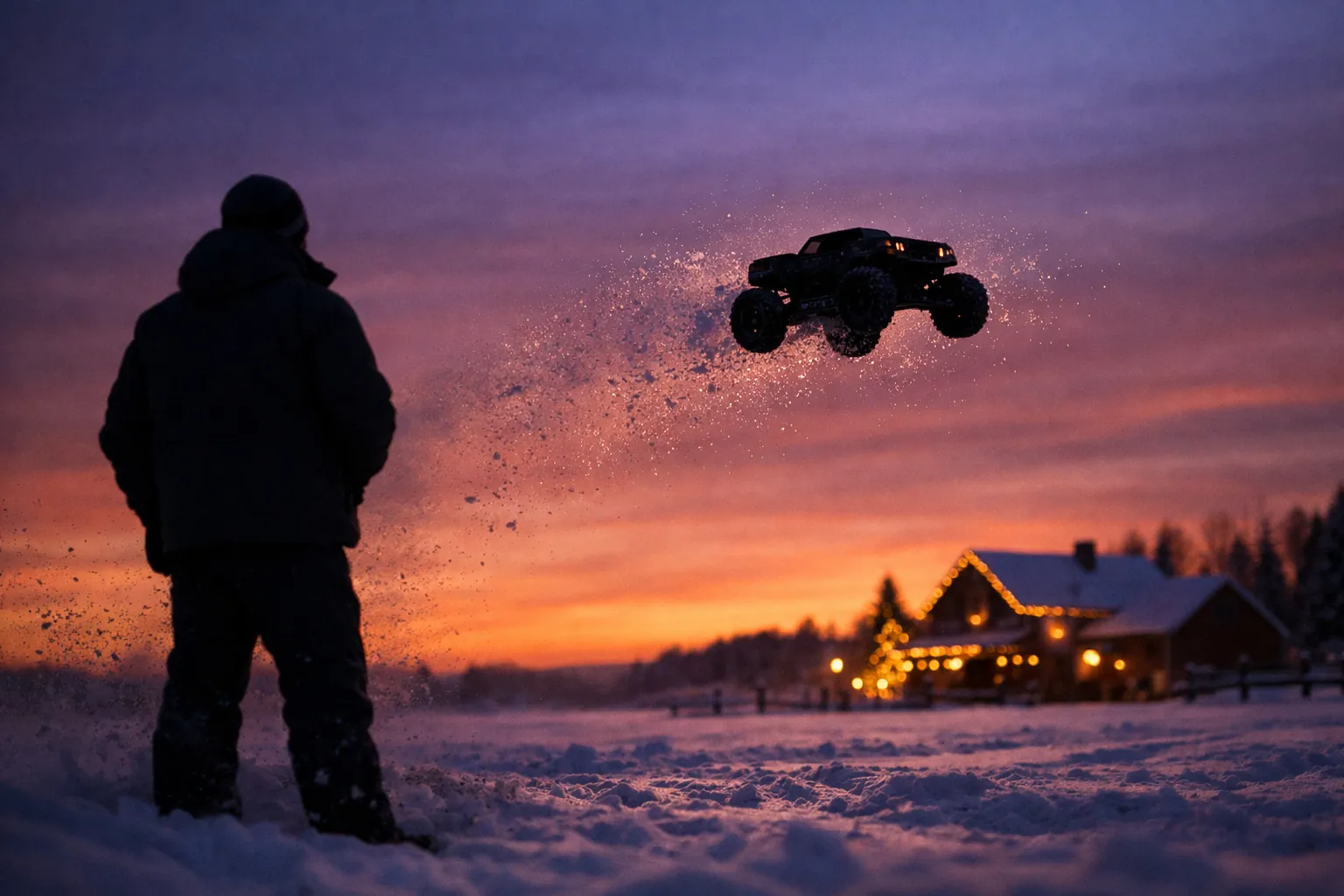 A hobbyist in a winter jacket silhouetted at dusk watching a large RC monster truck fly through the air over a snowy field, a farmhouse lit with Christmas lights behind